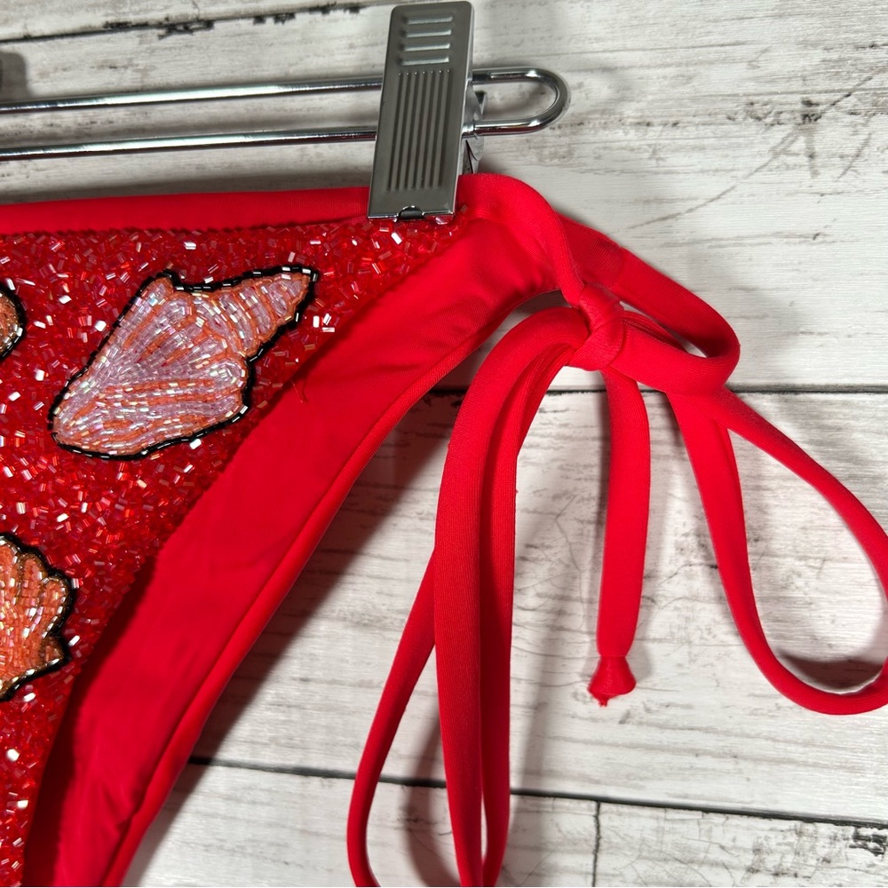 Anthropologie Oceanus Hand Beaded Seashell Bikini Bottoms Red XL NWT $150 - Picture 5 of 10